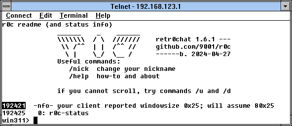 screenshot of windows 3.11 connecting to r0c