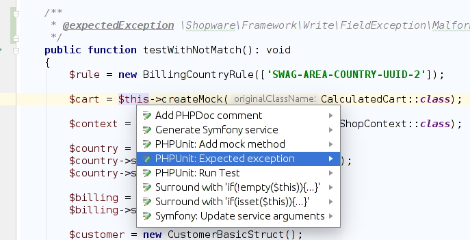 PHPUnitExpected exception