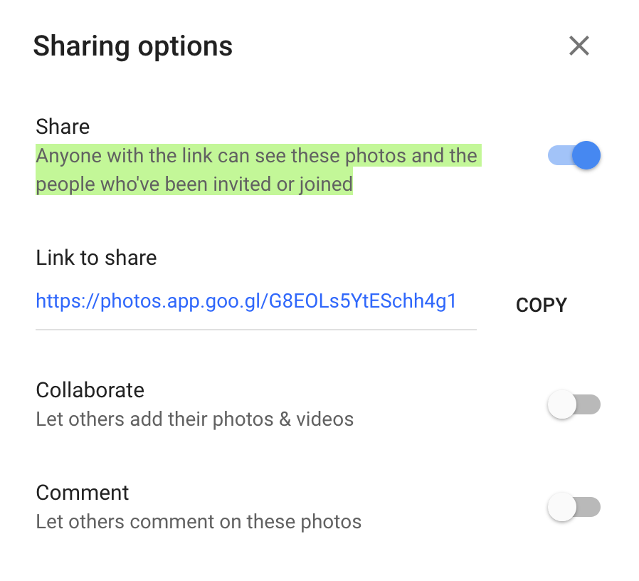 Required settings for a Google Photos album to be public and accessible by the Simple Google Photos Grid WordPress plugin.