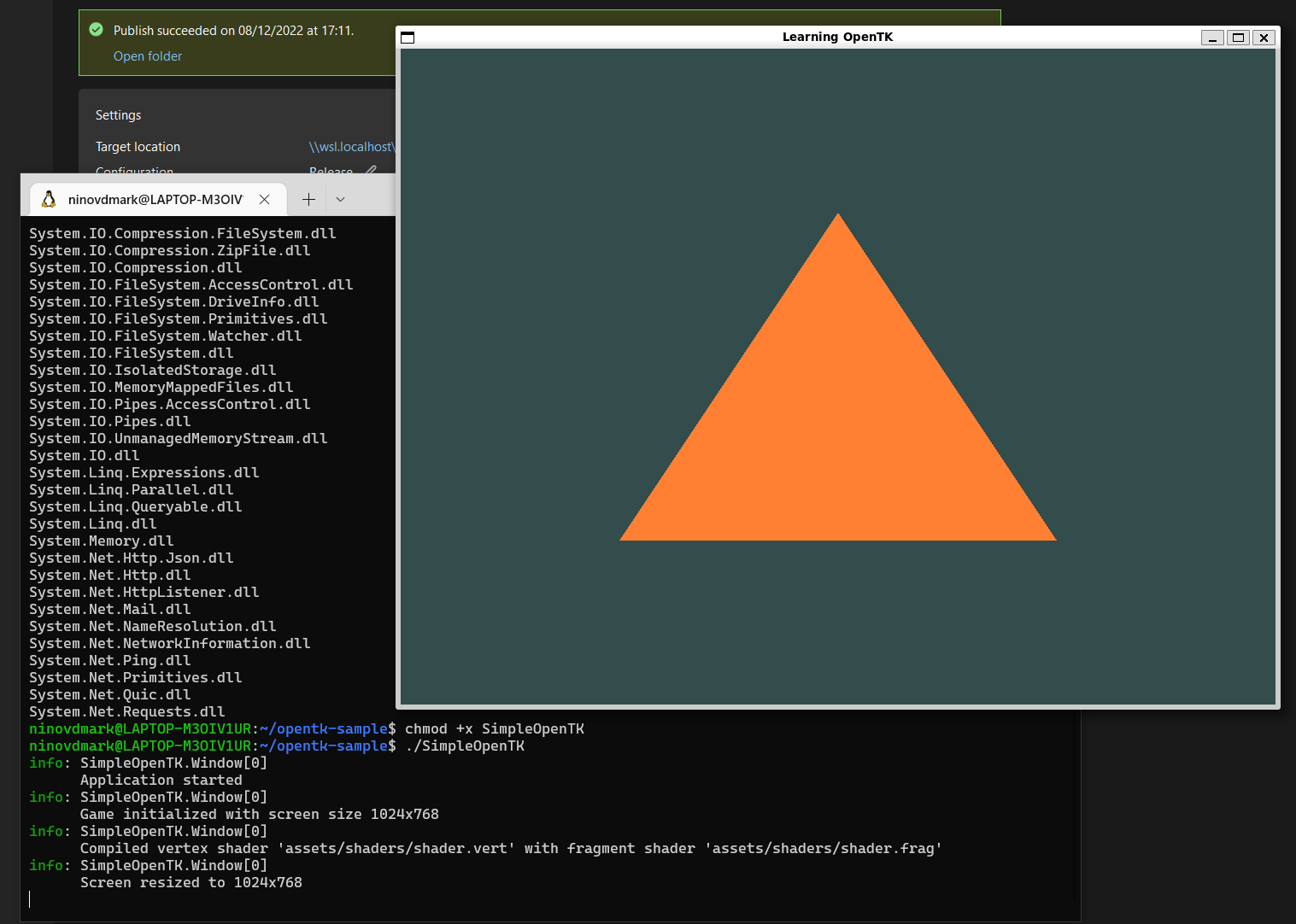 An image of an orange triangle in a gnome window, behind it a console window is seen