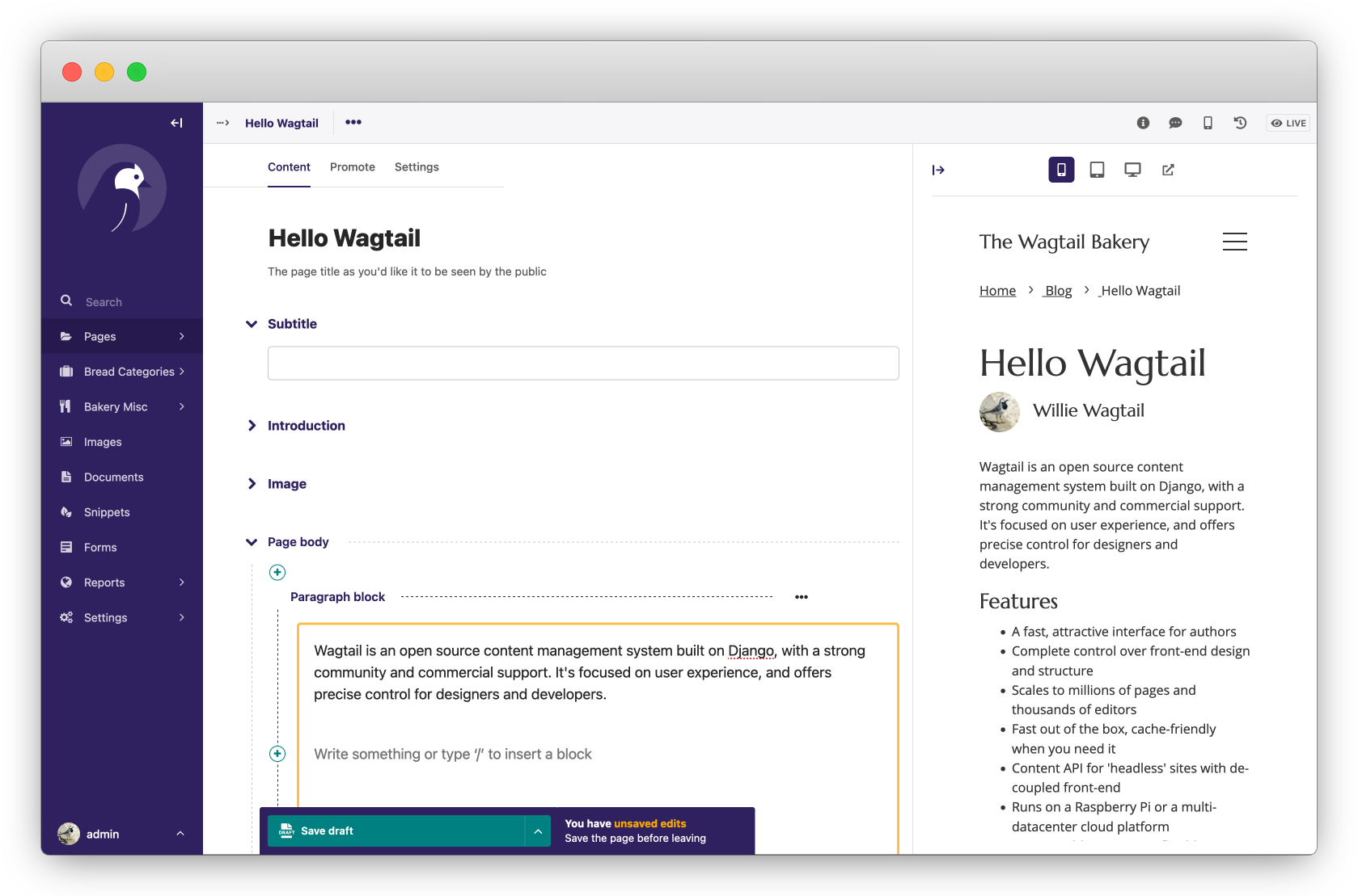Wagtail screenshot
