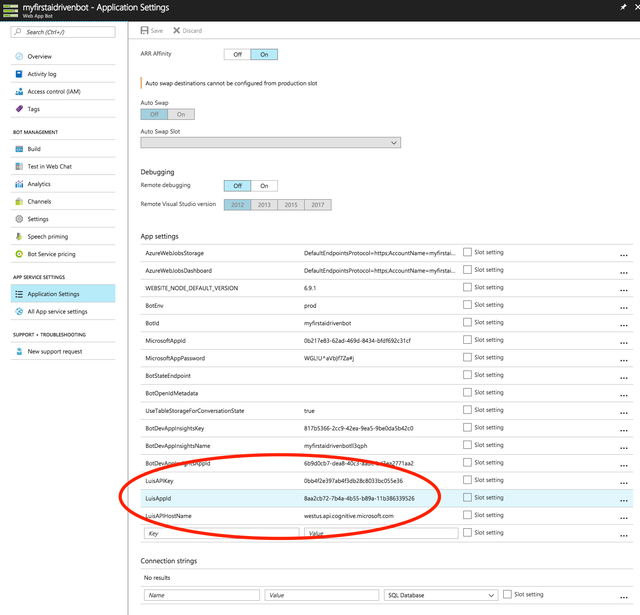 Env settings Azure Portal