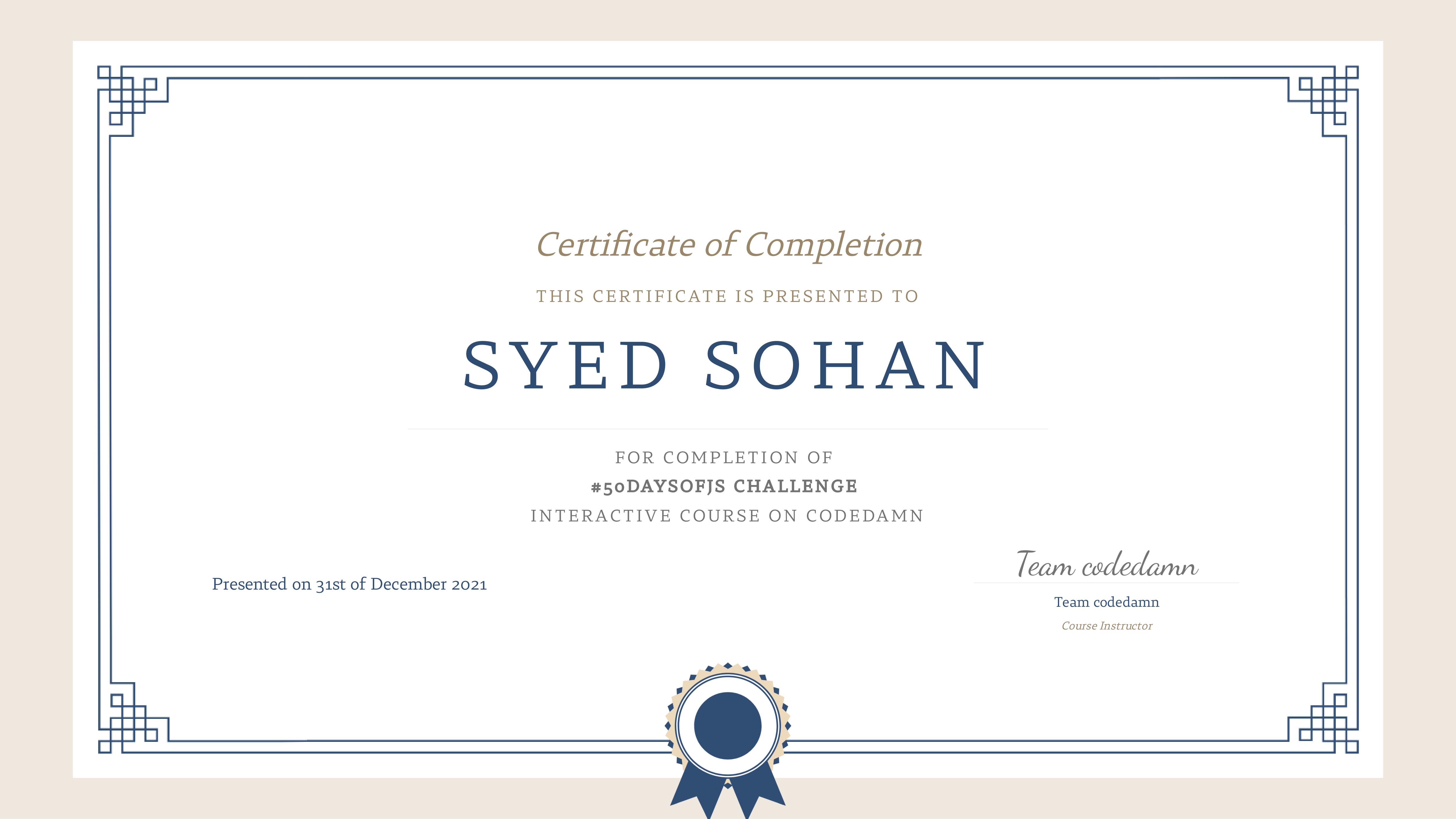 Course Certificate of #50DaysOfJS Challenge