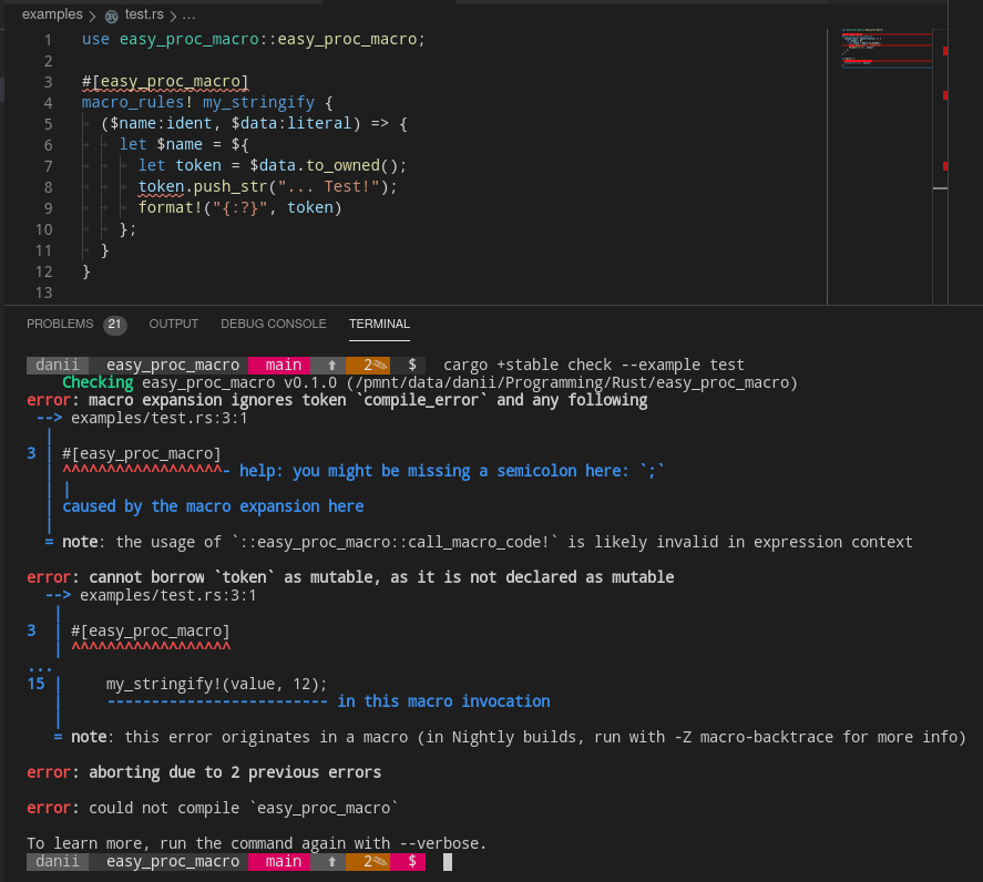 cannot borrow token as mutable, as it is not declared as mutable, pointing towards #[easy_proc_macro]. in this macro invocation, pointing towards my_stringify!(value, 12).