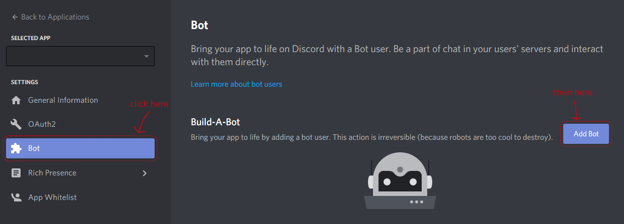 The "bot" button is under "settings" on the left sidebar, and the "add bot" button can be found in the "Build-A-Bot" panel