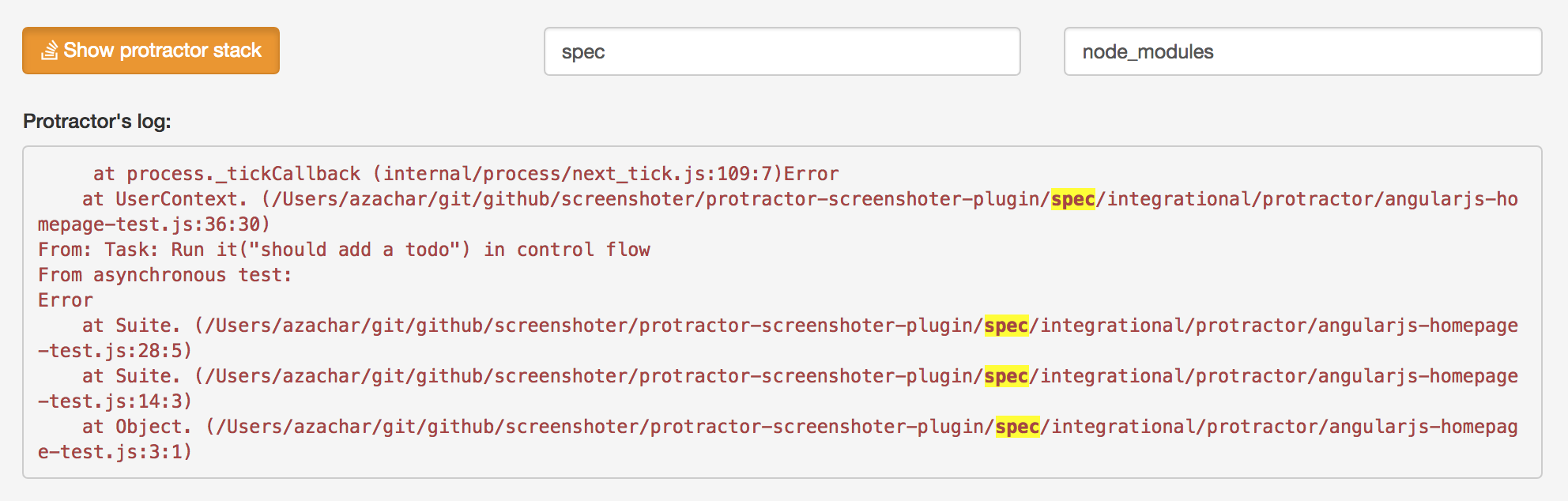 Screenshoter reporter stacktrace filtering