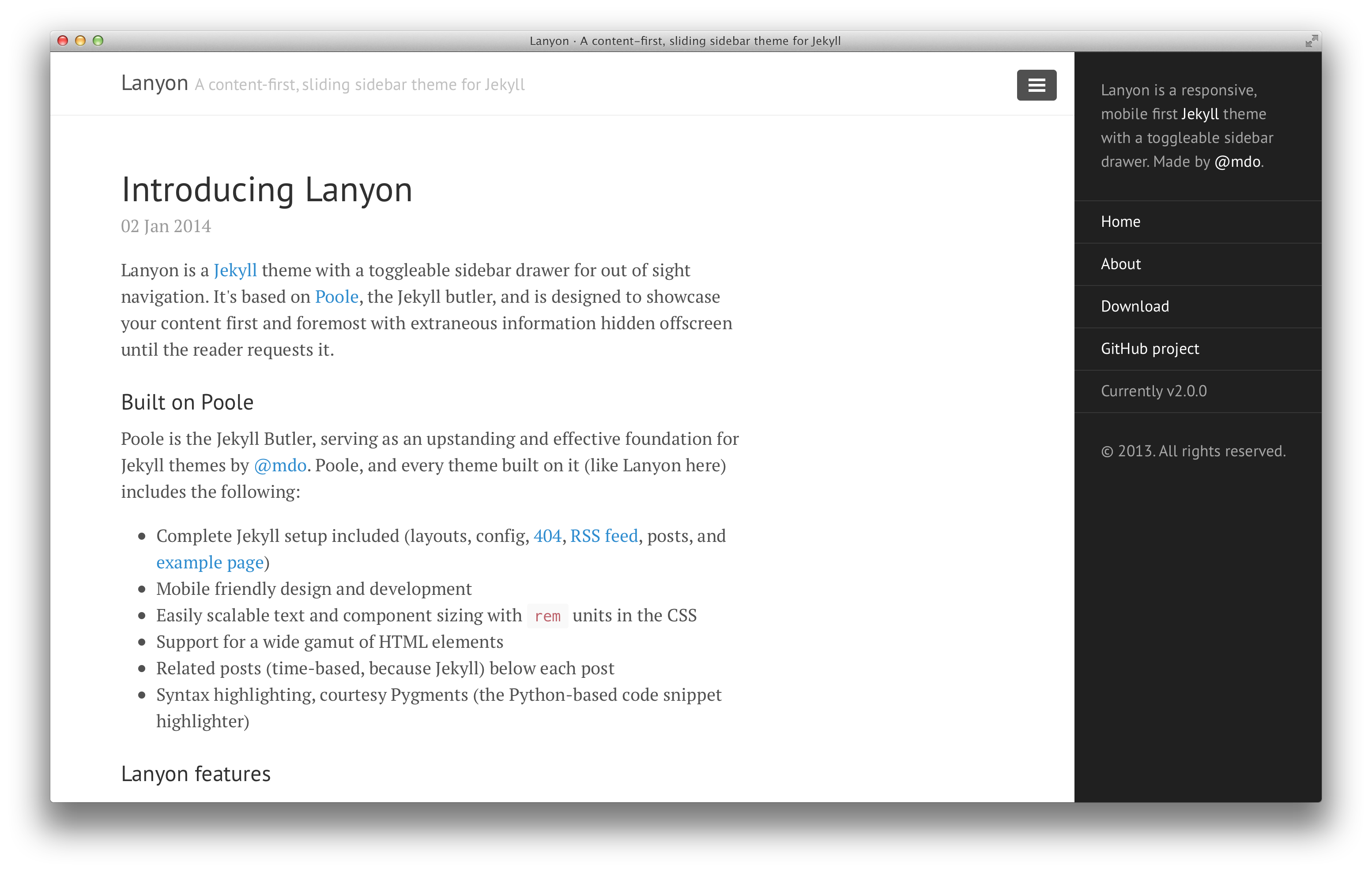 Lanyon with reverse layout and open sidebar