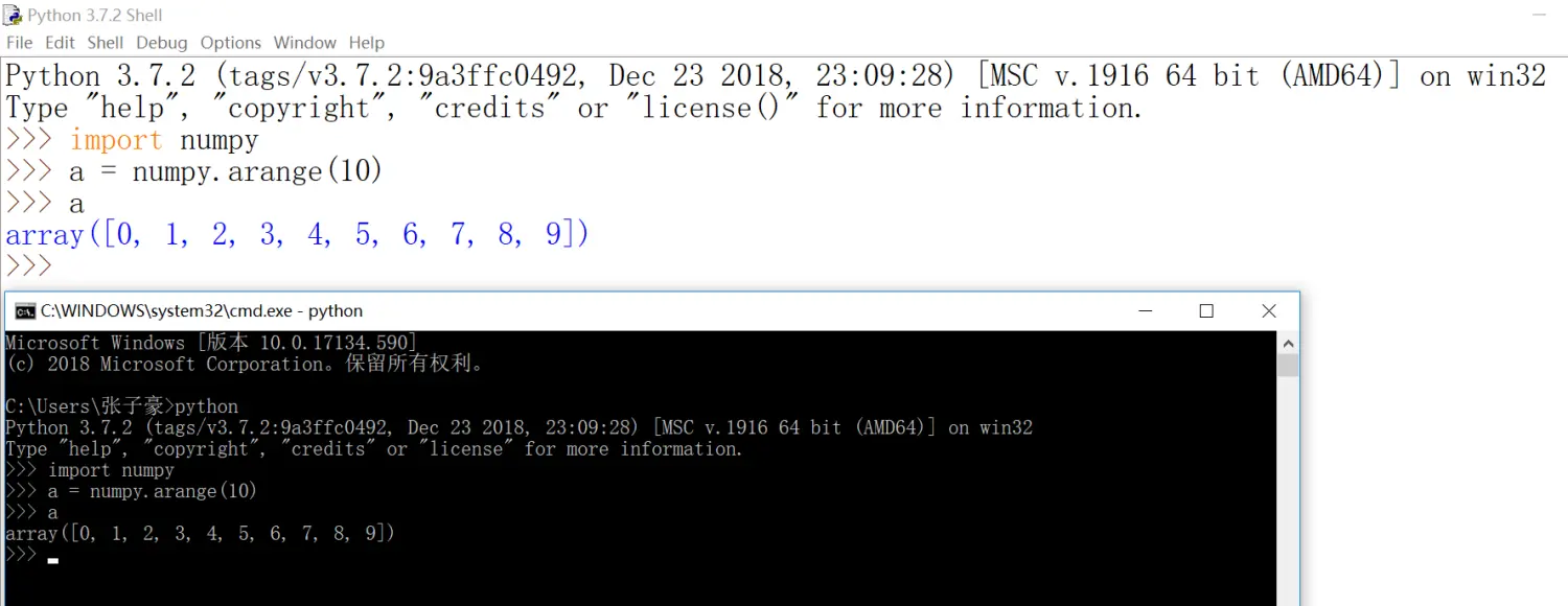 在IDLE和windows命令行中验证numpy安装成功