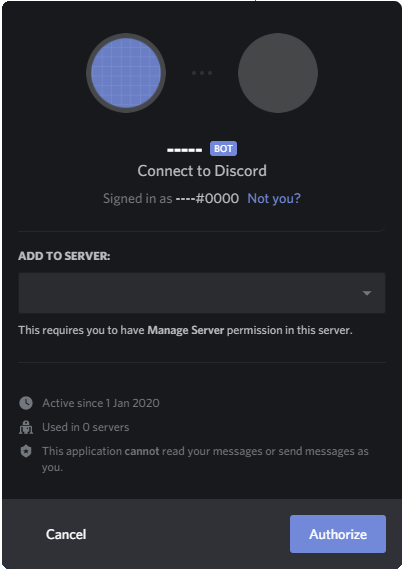 The consent dialog provides some information about the application and you, and explains that you need "Manage Servers" permission to add the bot to a server
