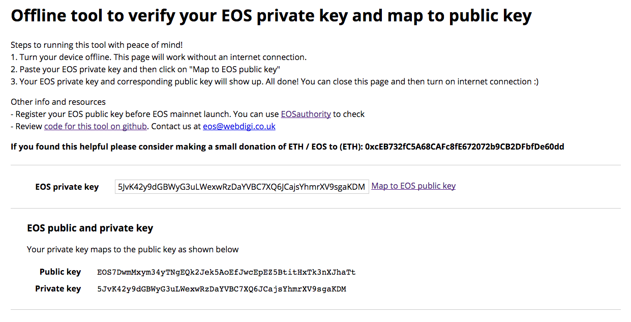 Offline EOS private key tool