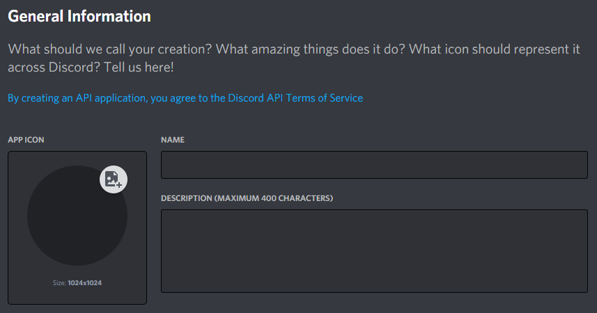 The "general information" page of a discord bot user shows a selection box for the app icon and a name and description form