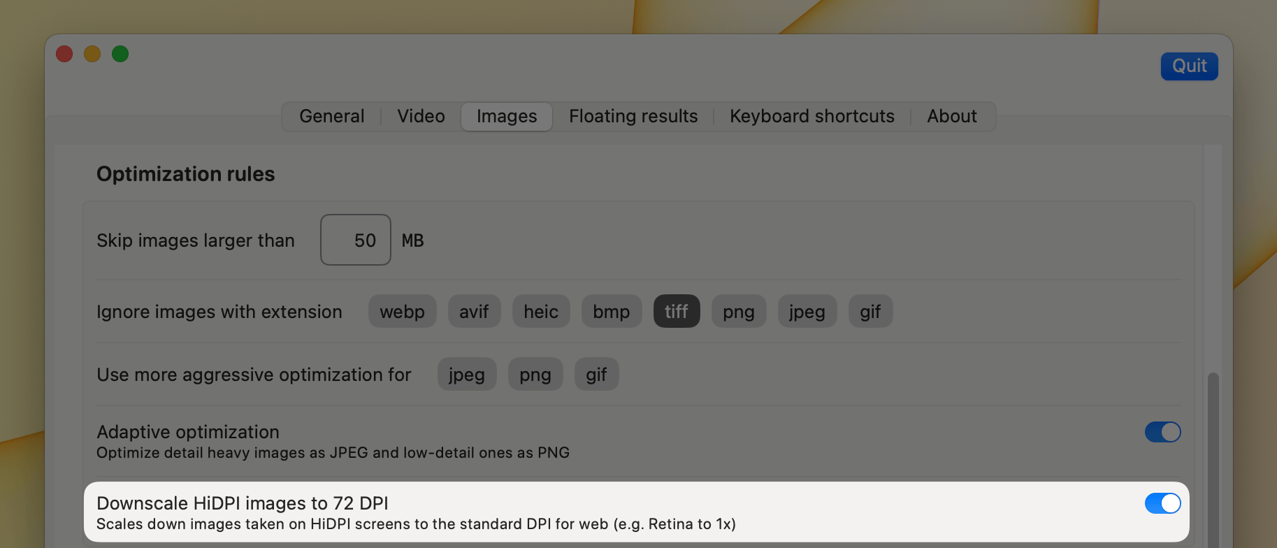 Downscale retina images setting