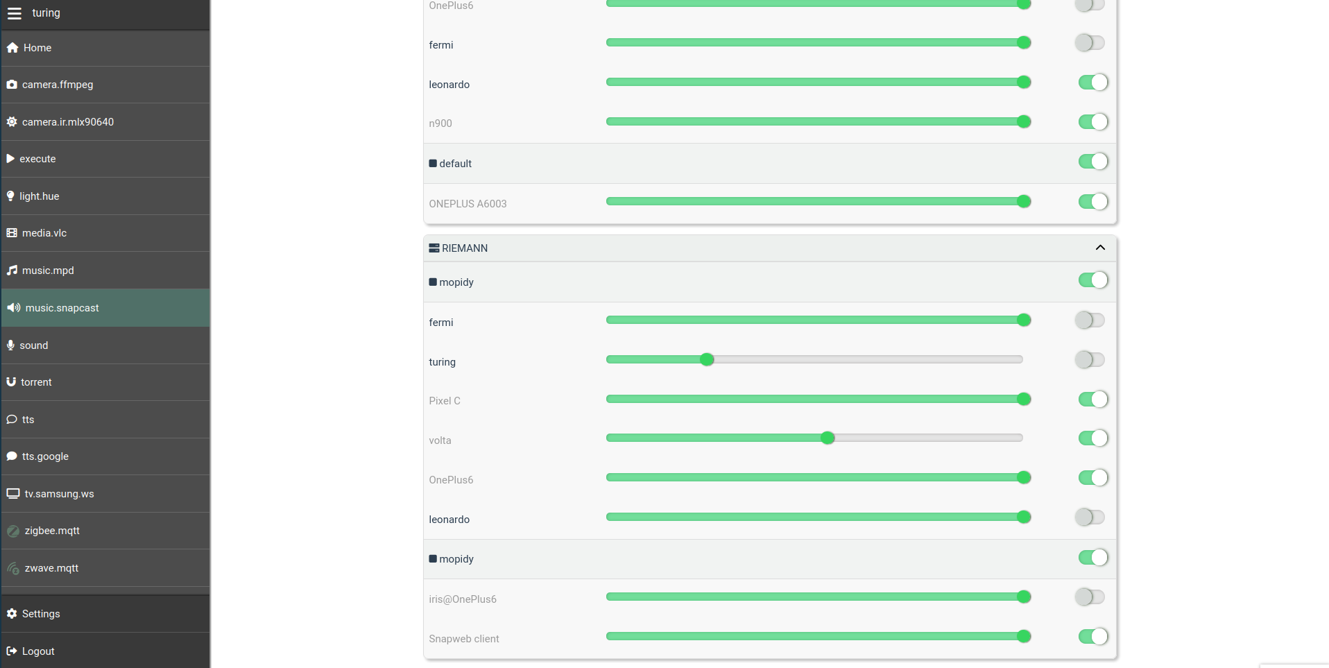 Screenshot of the Snapcast panel, which can be used to synchronize your music streams across multiple devices