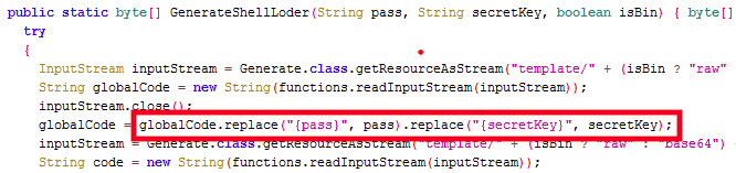 The code shown substitutes the strings in one of the embedded webshell templates under the /shells/cryptions/JavaAES/GenerateShellLoder function. 