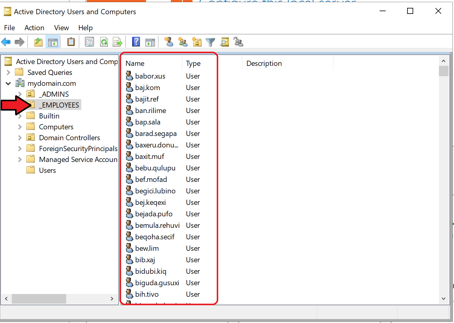 active directory shows created users