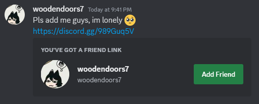 Image of the Friend invite sent to another user on Discord