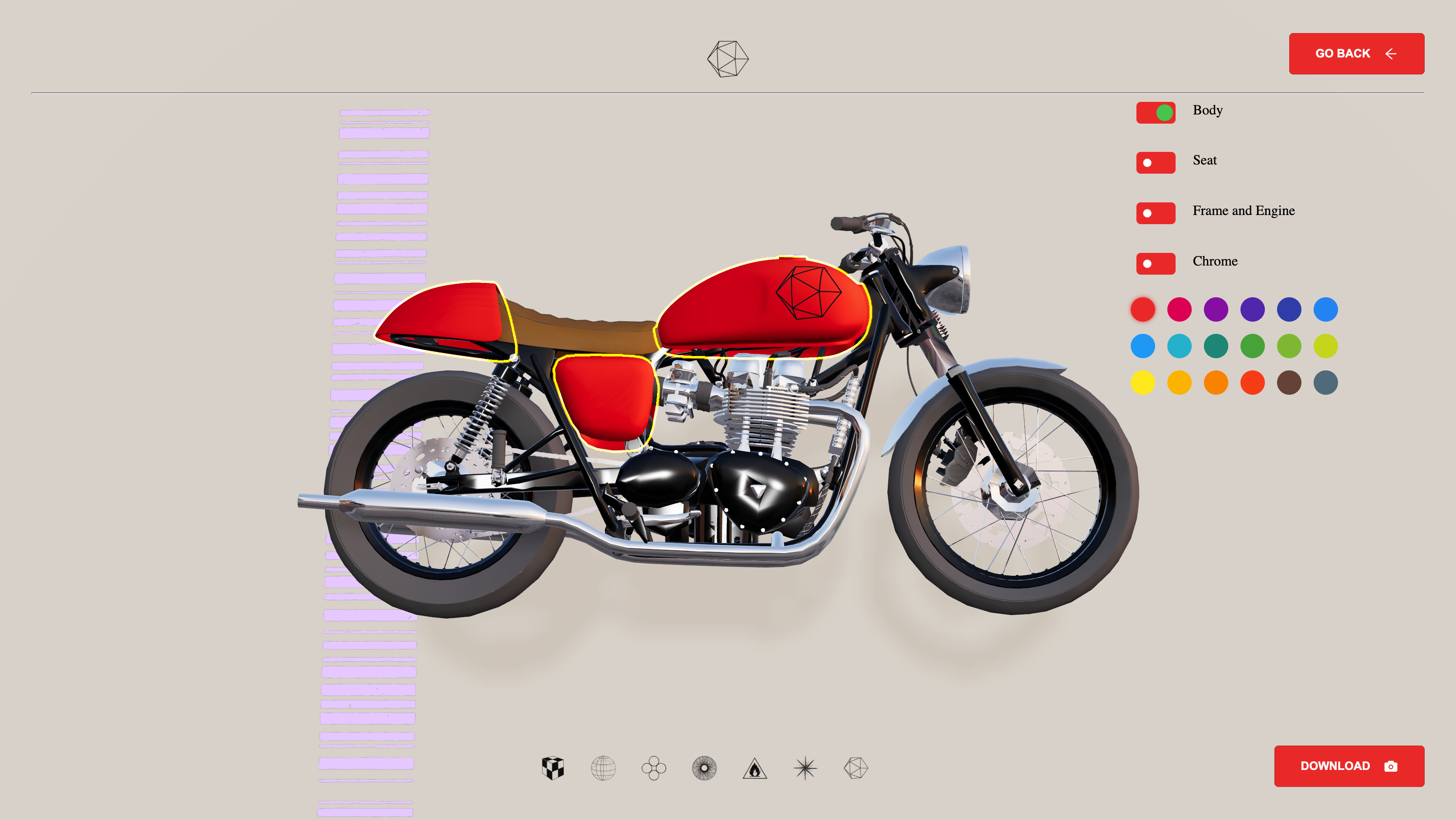 Screen shot of Moto Configurator App