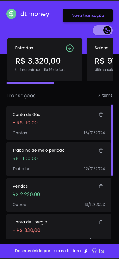 Tela inicial no modo responsivo e tema dark