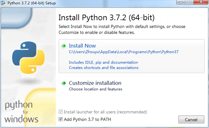 一定要勾选最后一项 Add python3.7 to PATH