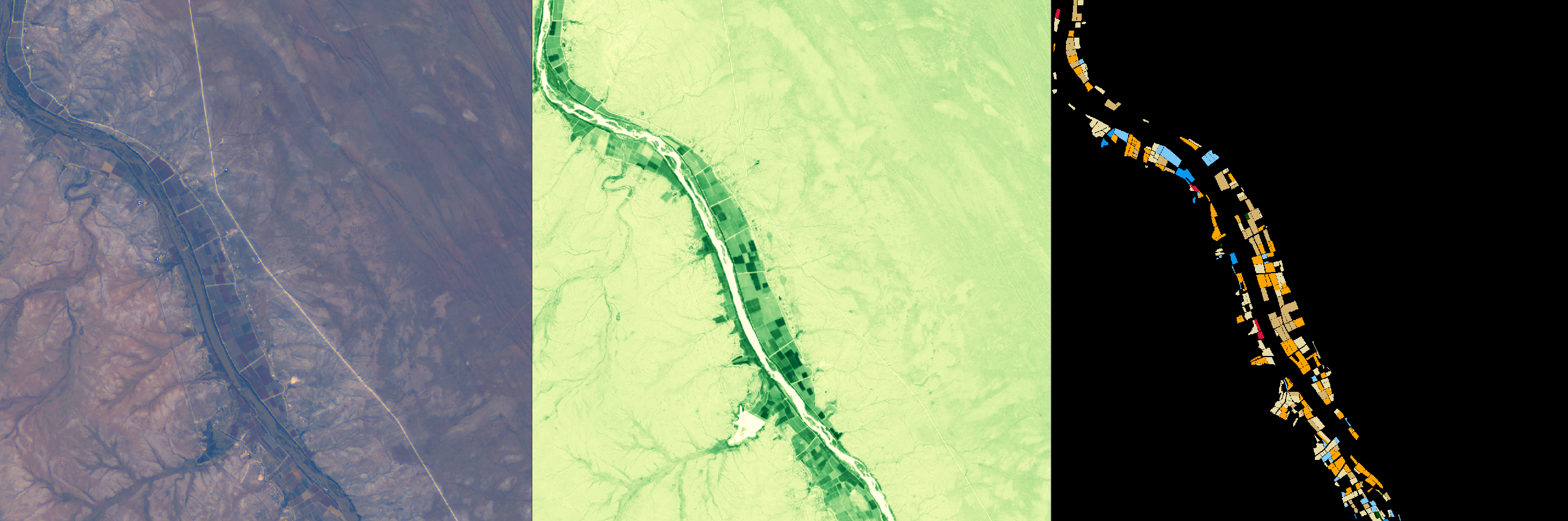 A section of the Orange River, South Africa: colour imagery and NDVI from Sentinel 2 and target masks from Zindi’s Farm Pin Crop Detection Challenge