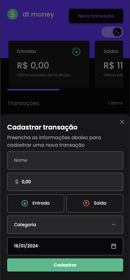 Formulário no tema dark em modo responsivo