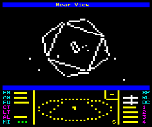 Screenshot of the station in the rear view in Teletext Elite