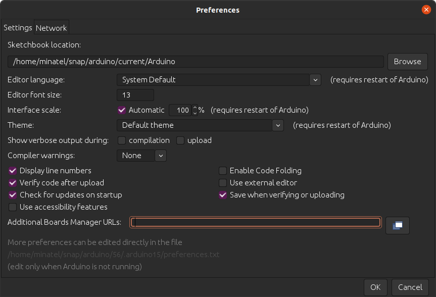 Arduino Preferences Window