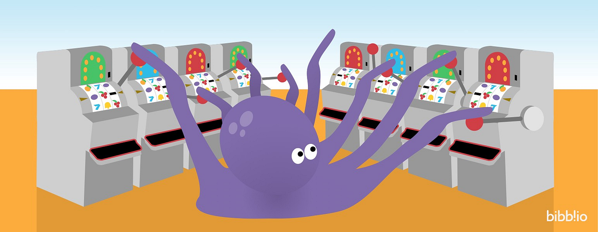 an octopus using its many arms to select the best option from a set of distributions