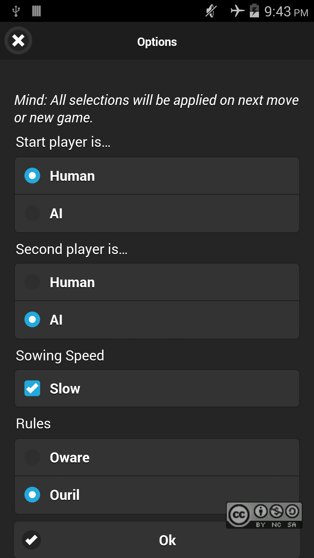 Switching to Ouril rules in options menu and select the AI MCTS computer player, own work, Oliver Merkel, Creative Commons License, This work is licensed under a Creative Commons Attribution-NonCommercial-ShareAlike 4.0 International License.