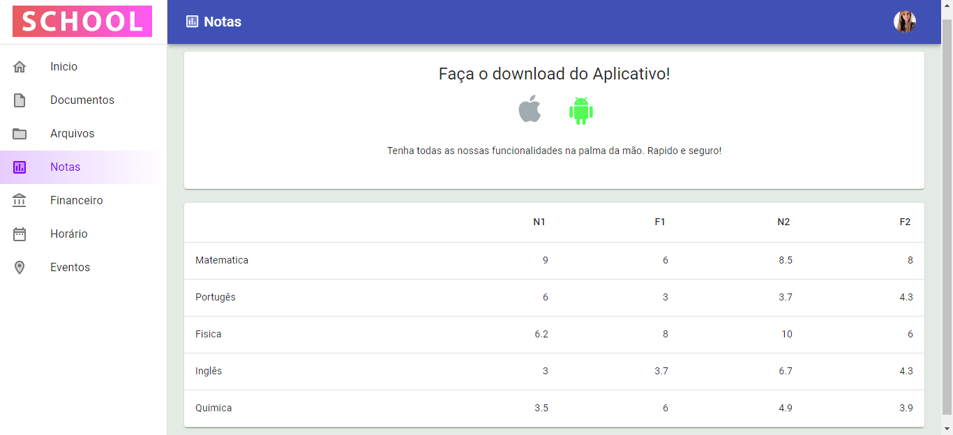 Notas dos discentes em cada disciplina