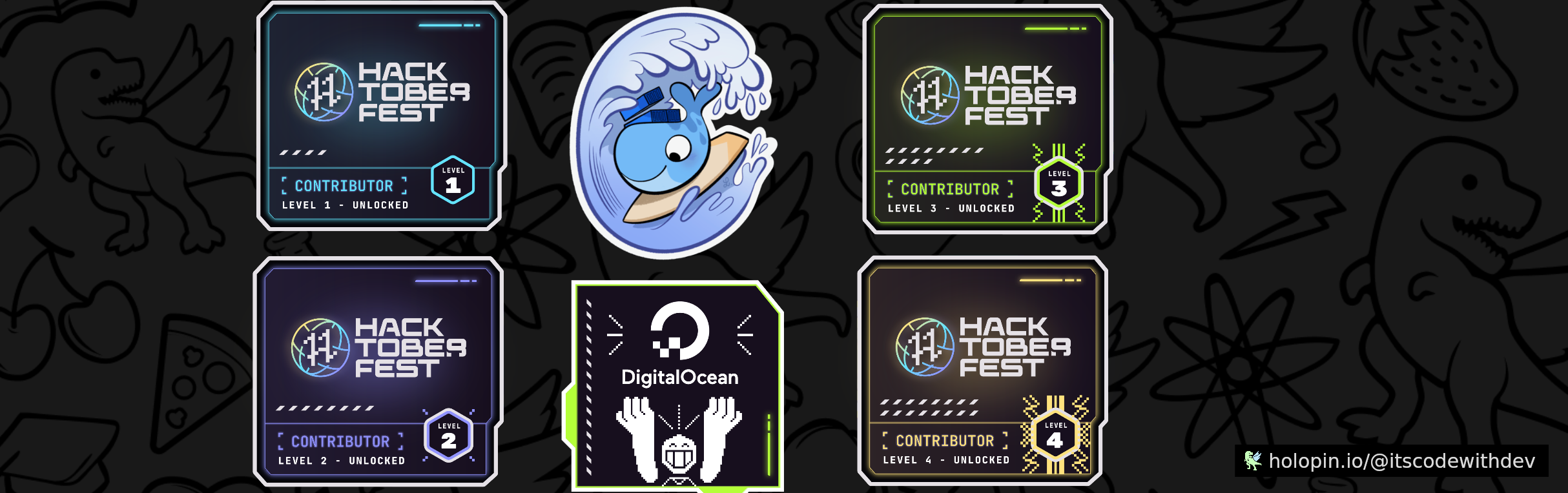 An image of @itscodewithdev's Holopin badges, which is a link to view their full Holopin profile