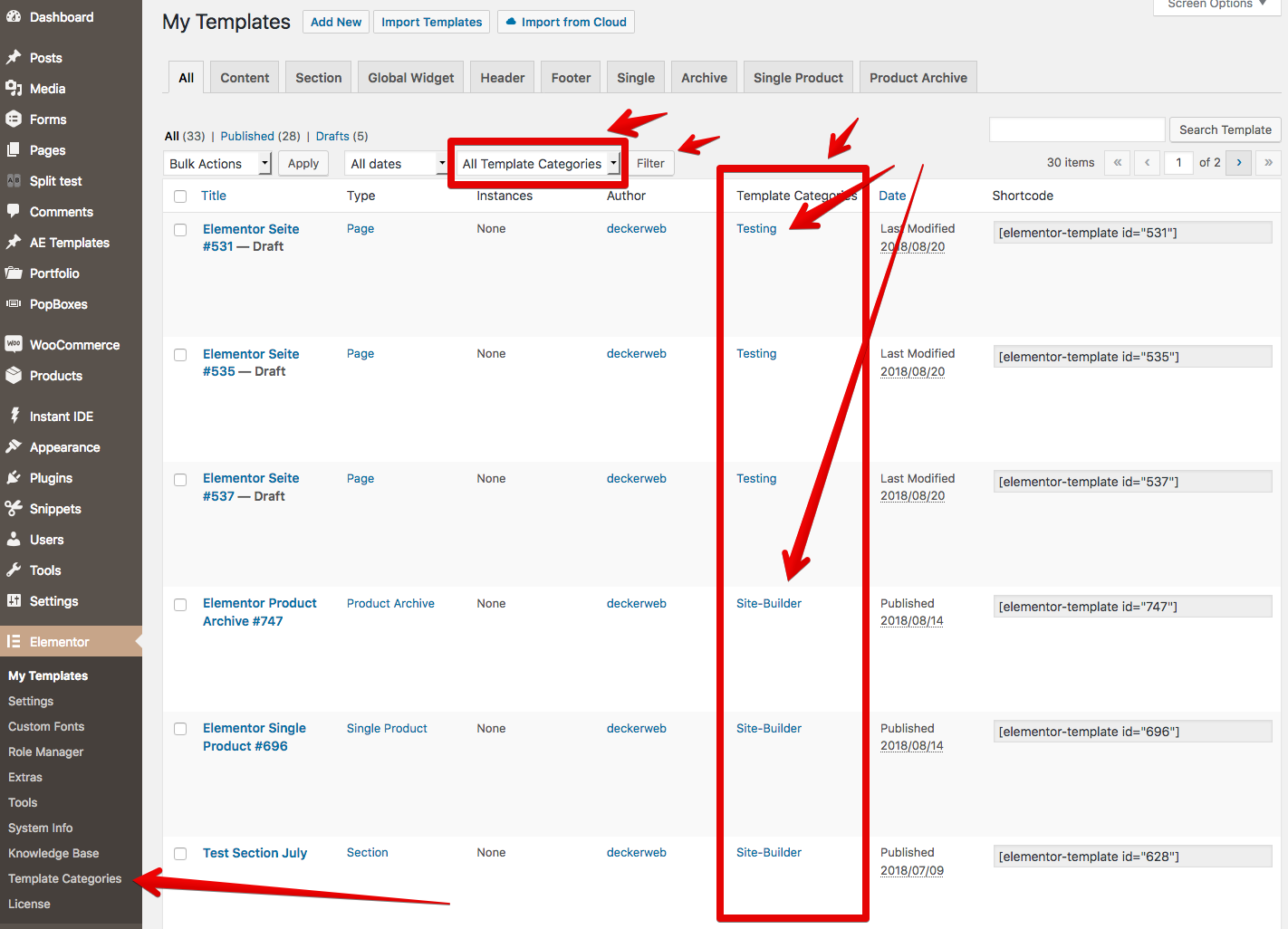 Template Categories for Elementor "My Templates" - Filtering for templates: 1) Dropdown of template categories, 2) Links to template categories