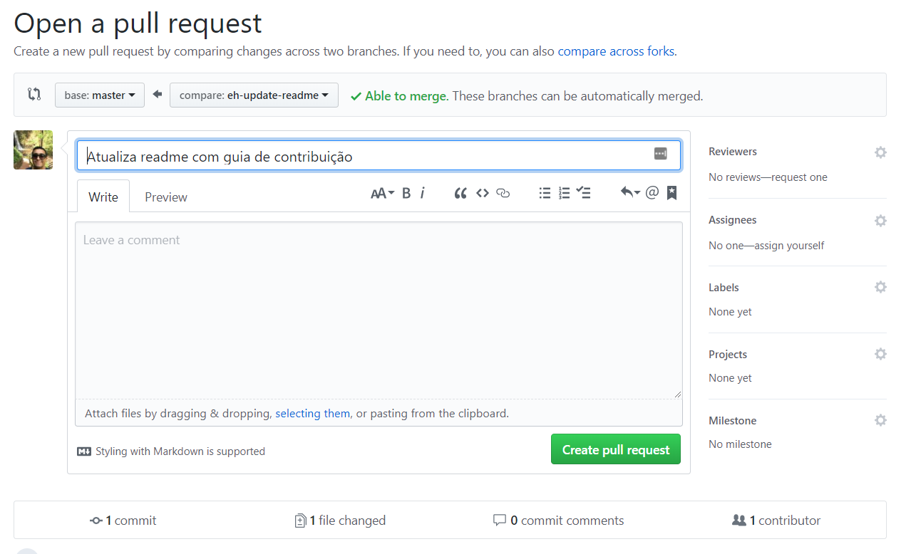 imagem mostrando tela de abertura de pull request no github