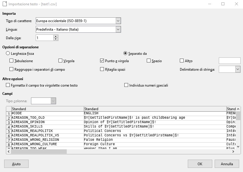 parametri di import file csv