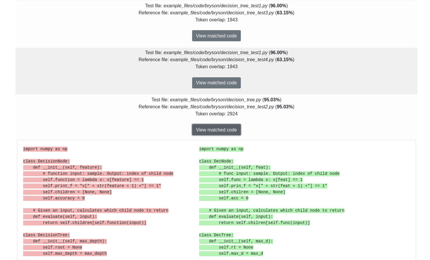 Screenshot of copydetect code comparison output