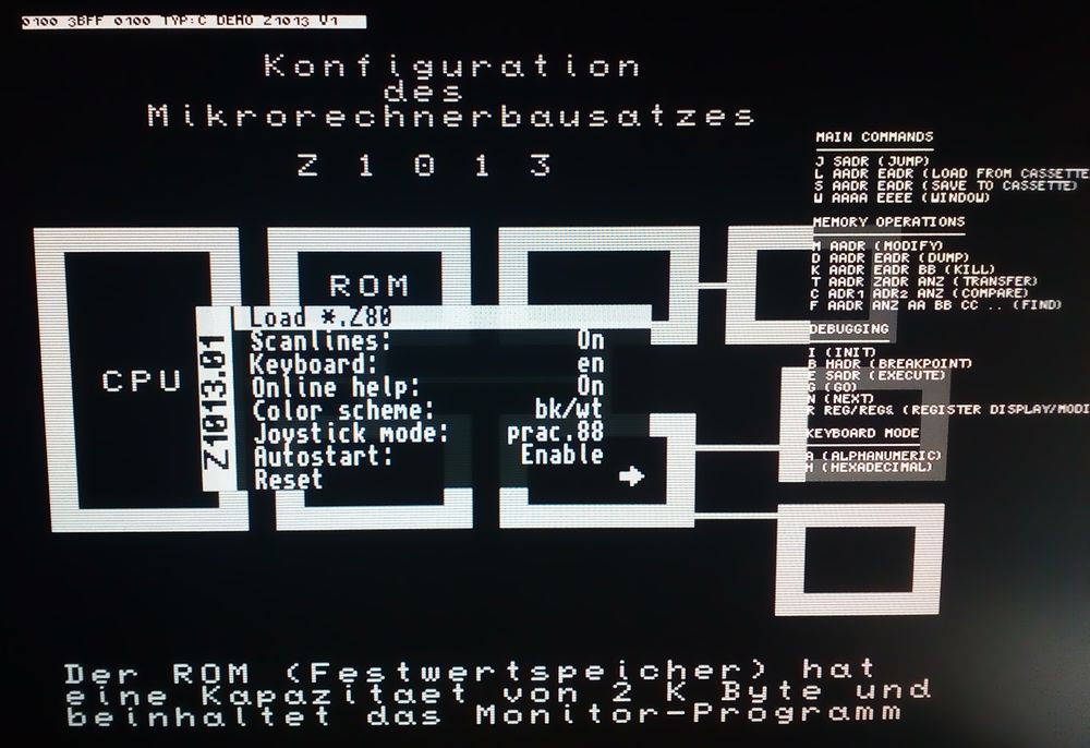 Z1013 with OSD (center), online help (right) and status line (top)