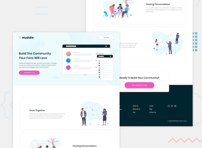 Huddle landing page with alternating feature blocks