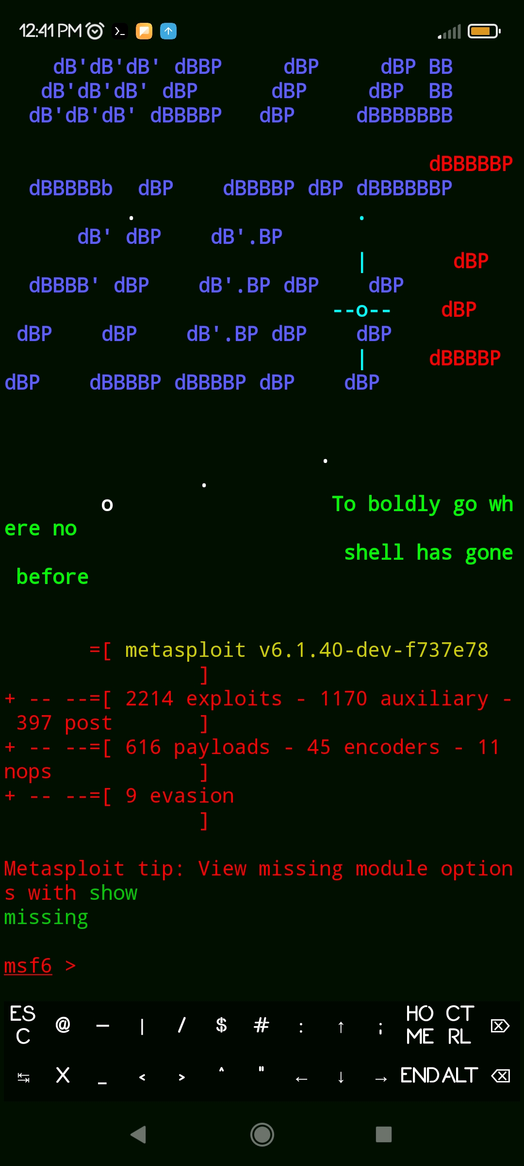 Metasploit in termux- Metasploit benner v6.1.40-dev