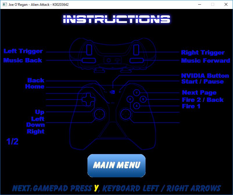 Alien Attack: Instructions Menu