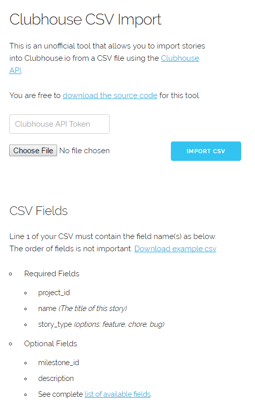 Clubhouse CSV Import Tool