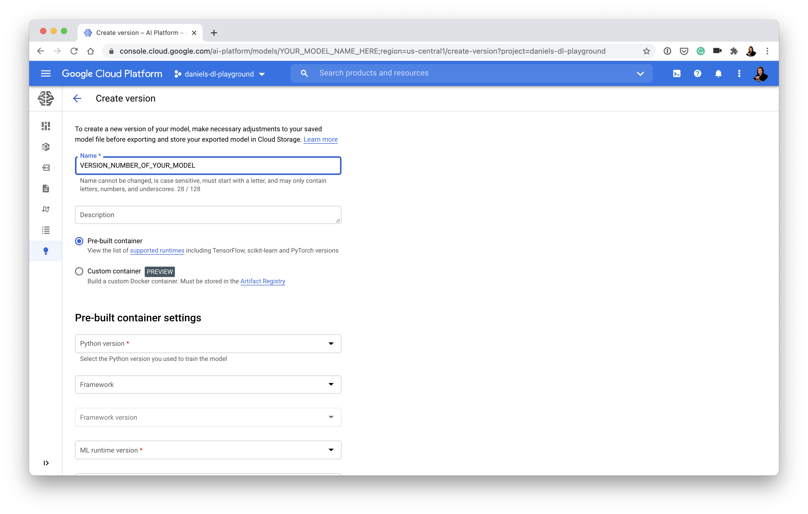 creating a model version on AI Platform