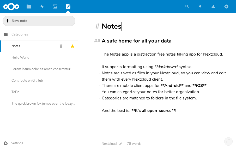 Screenshot of Nextcloud Notes