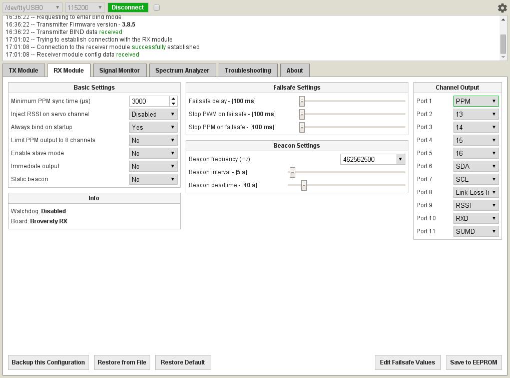 Brotronics Diversity RX Config Screen